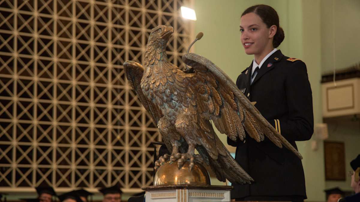 Class Valedictorian Cynthia Flipo Diaz gives an inspirational speech to her peers. It is the first time in Valley Forge Military College history, which was established in the 1930's, that the valedictorian and the salutatorian were women.