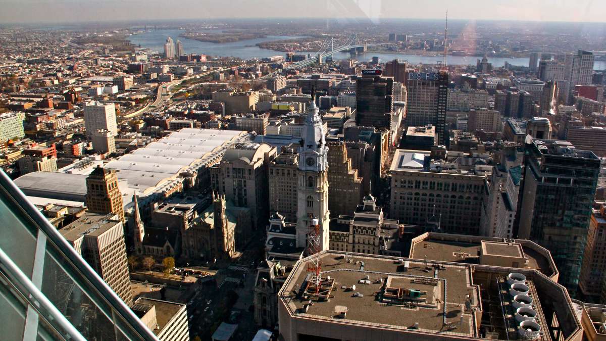 The view east past City Hall and the Ben Franklin Bridge to New Jersey.