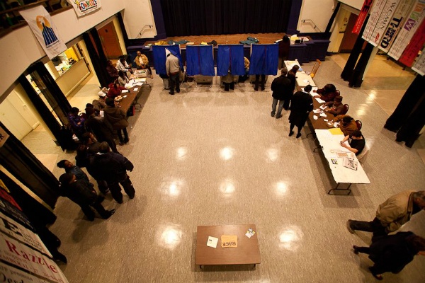 <p><p>Voters and poll workers at First United Methodist Church in Germantown Tuesday evening as late voters came out to cast their ballot. (Brad Larrison/ for NewsWorks)</p></p>

