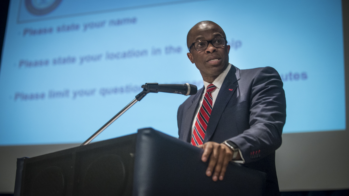  Cheltenham schools superintendent Wagner Marseille speaks to community members at Cheltenham High School in Montgomery County, Pennsylvania, after a disturbing cell phone video of a fight that left a teacher hospitalized went viral. (Branden Eastwood for NewsWorks) 
