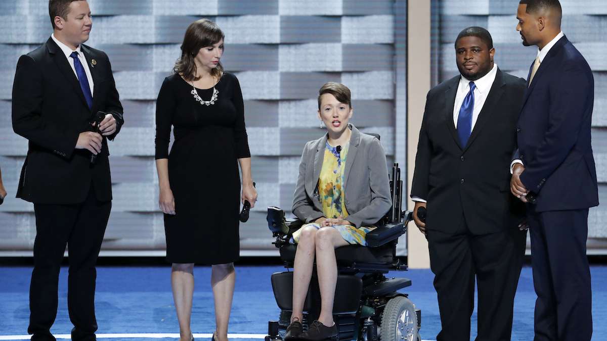 Dustin Parsons, Kate Burdick, Dynah Haubert, Anton Moore and Thaddeus Desmond speak during the second day of the Democratic National Convention in Philadelphia , Tuesday, July 26, 2016
