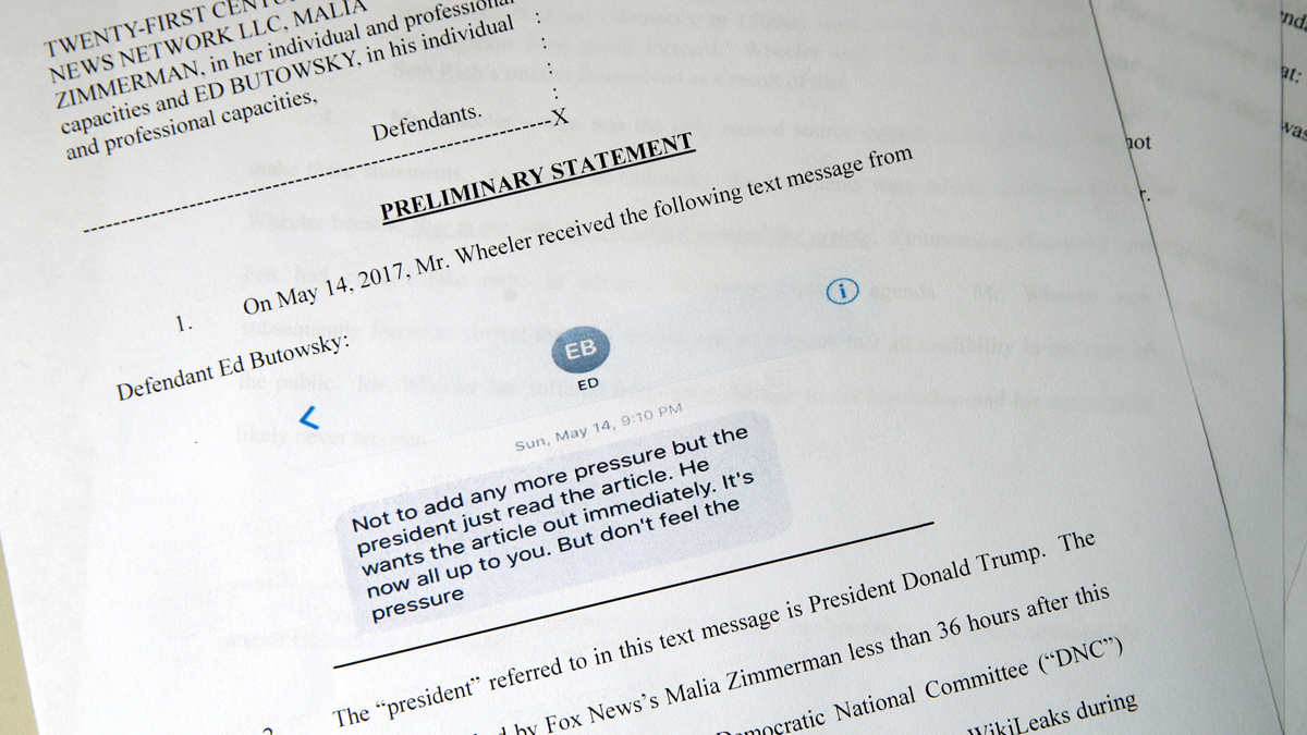  Rod Wheeler's lawsuit suing Fox for defamation is seen Tuesday, Aug. 1, 2017, in Washington. The lawsuit was filed Tuesday in New York. The lawsuit lays out an explosive tale of Trump allies conspiring to push a false story to take the pressure of the Russian collusion investigation off the president, and a news organization willing to show the president its story before it was published. (AP Photo/Jacquelyn Martin) 