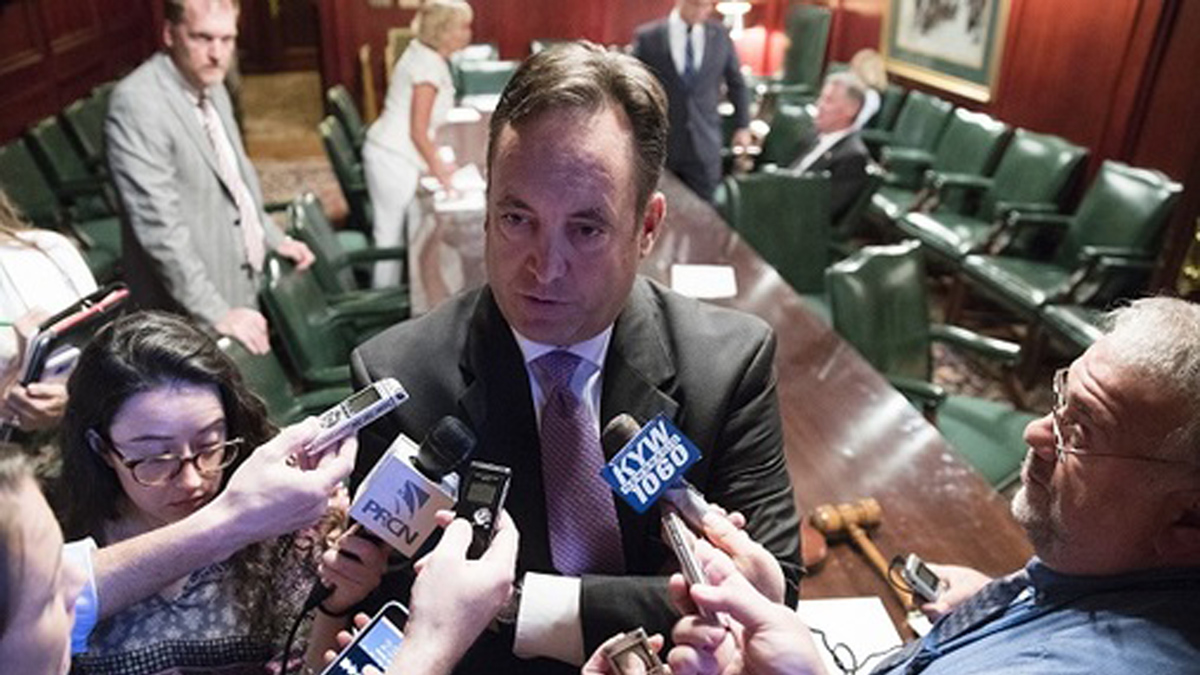  Senate Majority Leader Jake Corman, R-Centre speaks with members of the media at the state Capitol. (AP Photo/Matt Rourke) 