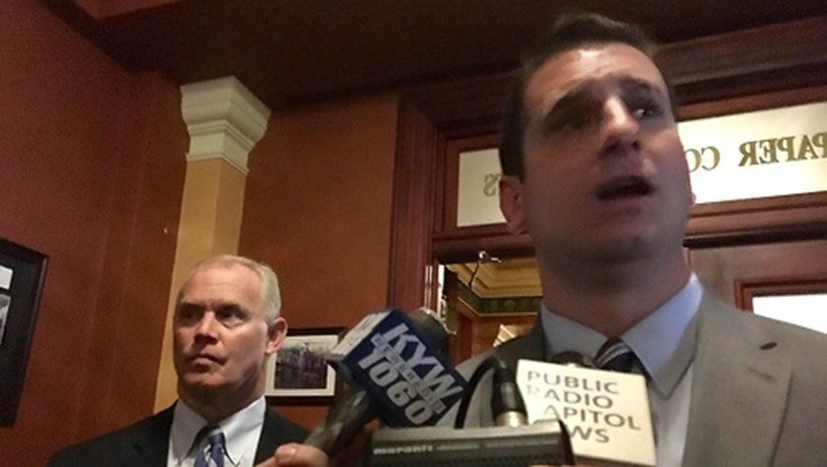  House Majority Leader Dave Reed explains his caucus's budget plan late Monday afternoon. Top House Democrats say they weren't aware the plan was being launched until early that morning. (Katie Meyer/WITF) 