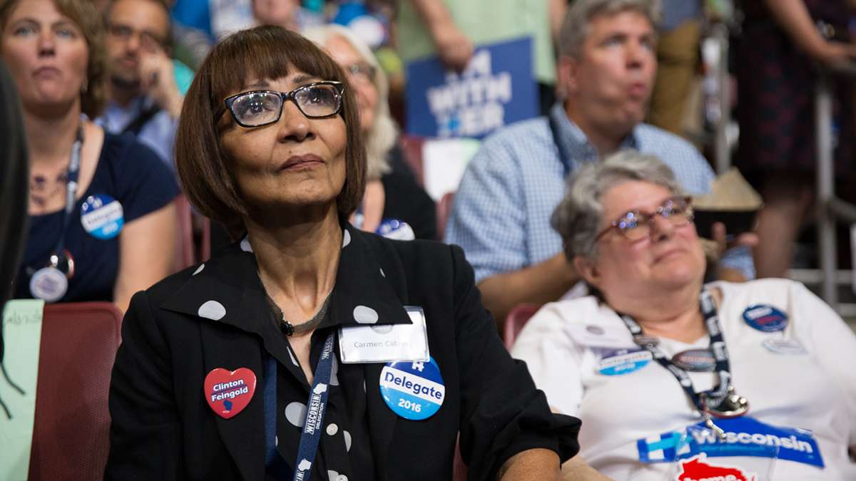 Carmen Cabrera (left) and Nancy Kaplan, delegates from Wisconsin. ''For me, this is personal and moving,” said Kaplan.