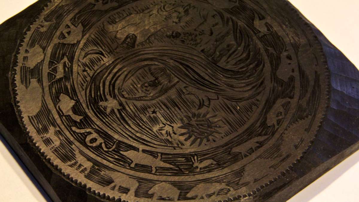 An original woodcut block by Wharton Esherick for the frontispiece of Rhymes of Early Jungle Folk. (Emma Lee/WHYY)
