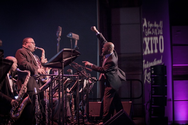 <p>Orrin Evans conducting The Captain Black Big Band at their Convention Hall performance. (Howard Pitkow/for Newsworks)</p>
