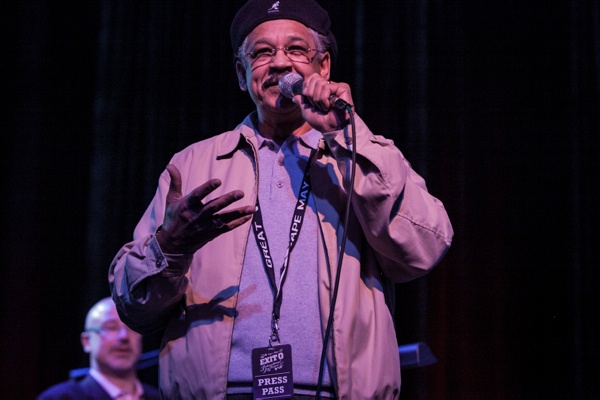 <p>WRTI radio Host Jeff Duperon introducing The Captain Black Big Band. (Howard Pitkow/for Newsworks)</p>
