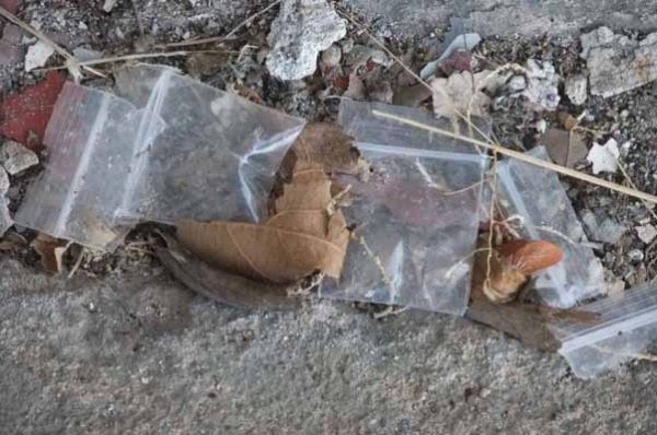 <p><p>Used drug bags on the ground at Building No. 8 (Tara Nurin/for NewsWorks)</p></p>
