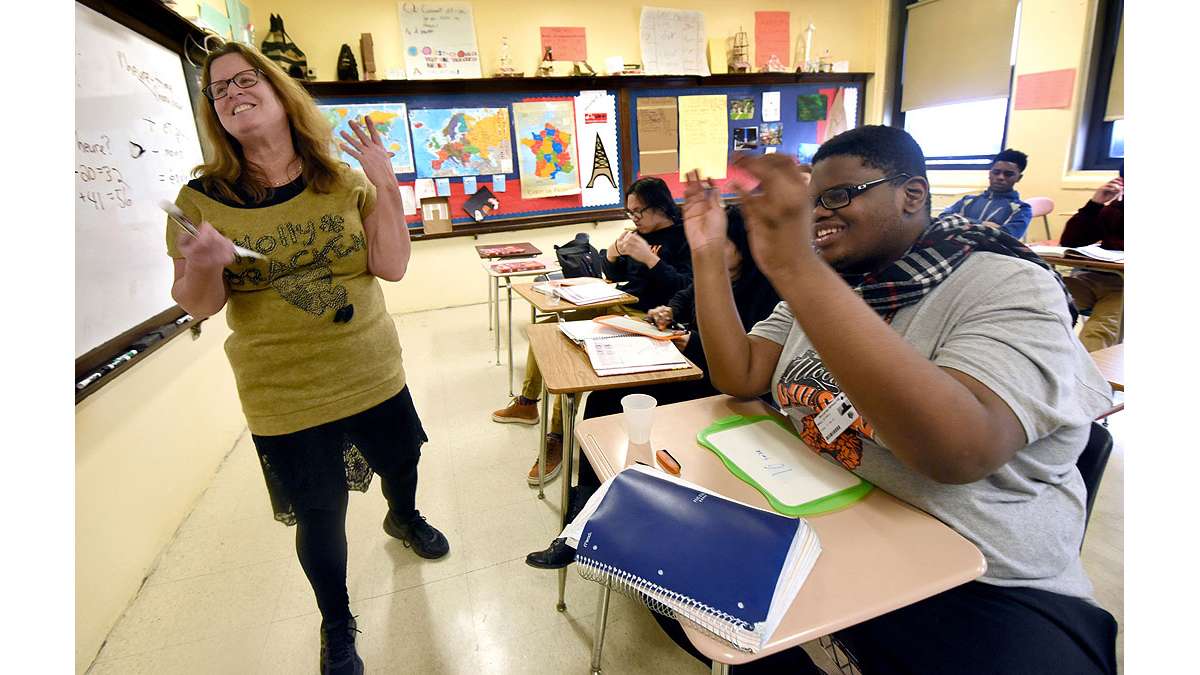 In her French class at Woodrow Wilson High School, teacher Paula Saillaird shares a lighter moment with student Dyrell Mack, 18.