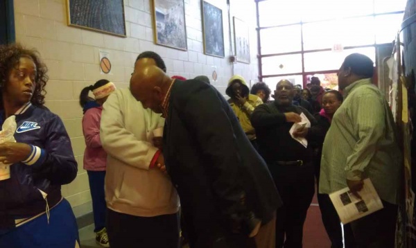 <p><p>State Rep. Dwight Evans greeted every voter in line when he showed up to vote at 7 a.m. (Yasmein James/for NewsWorks)</p></p>
