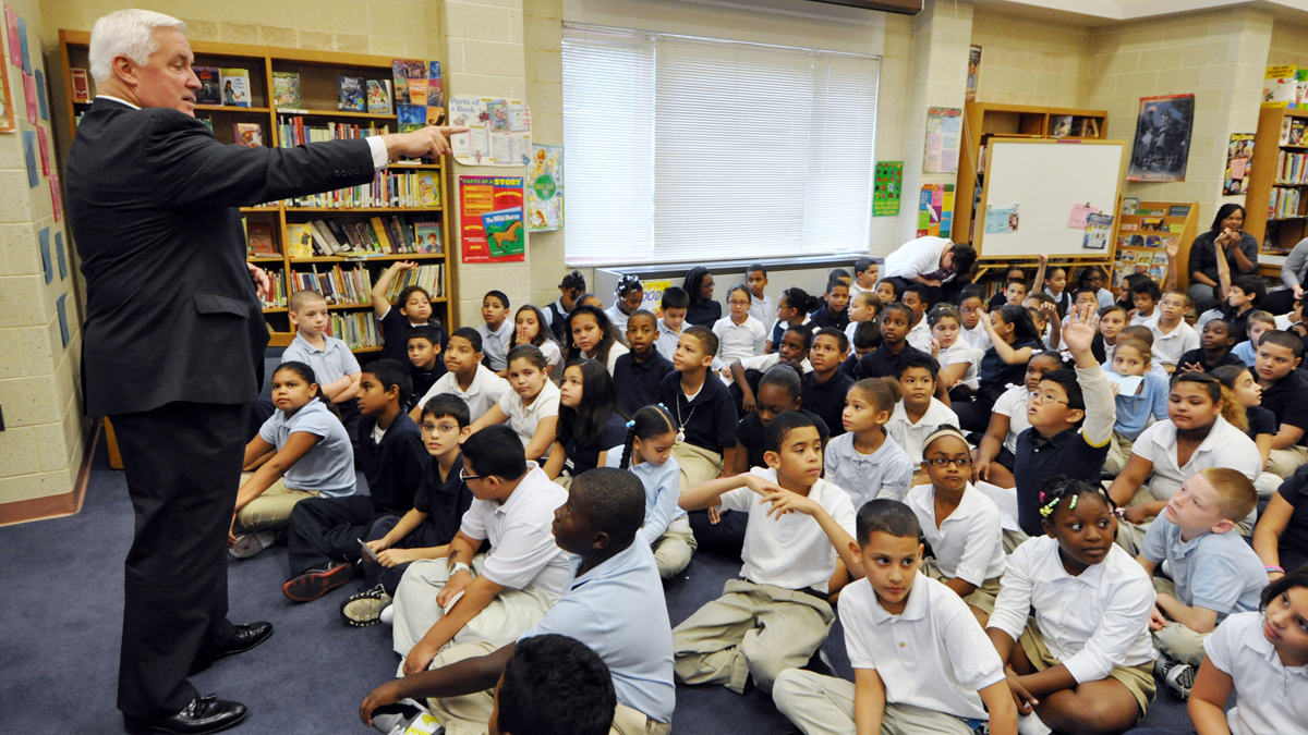 Gov. Tom Corbett visited Lincoln Charter School in York, Pa. After months of debate, a judge ruled last week that the state can take over the York City School District. (AP file Photo/Marc Levy) 