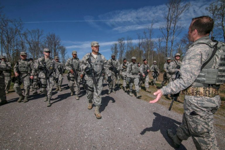  U.S. Air Force Tech. Sgt. Matthew Leinbach, right, from the New Jersey Air National Guard's 108th Security Forces Squadron, instructs airmen on squad tactics and danger crossing techniques at Joint Base McGuire-Dix-Lakehurst, N.J., April 23, 2017. (U.S. Air National Guard photo by Master Sgt. Matt Hecht/Released) 