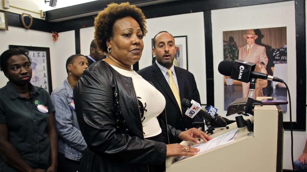 2017-09-06-e-lee-rochelle-bilal-brian-mildenberg-philadelphia-guardian-civic-league-racism-charges-narcotics-unit Rochelle Bilal (center), president of the Guardian Civic League, and Brian Mildenberg (right) attorney for a group of African American police officers, level charges of racism against the leadership at the Philadelphia narcotics unit. (