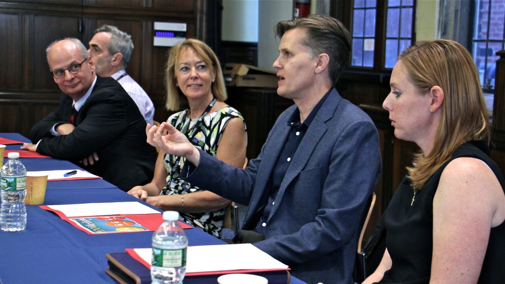 2017-09-15-e-lee-elliot-hersh-kyle-kampman-peggy-compton-jeffrey-saven-mary-robbinson-philadelphia-university-of-pennsylvania-upenn-opioid-crisis-panel A panel of professors at the University of Pennsylvania discuss the opioid addiction epidemic. They are (from left) dental surgeon Elliot Hersh, psychiatrist Kyle Kampman, registered nurse Peggy Compton, chemist Jeffrey Saven and veterinarian Mary Robinson. (Emma Lee/WHYY)