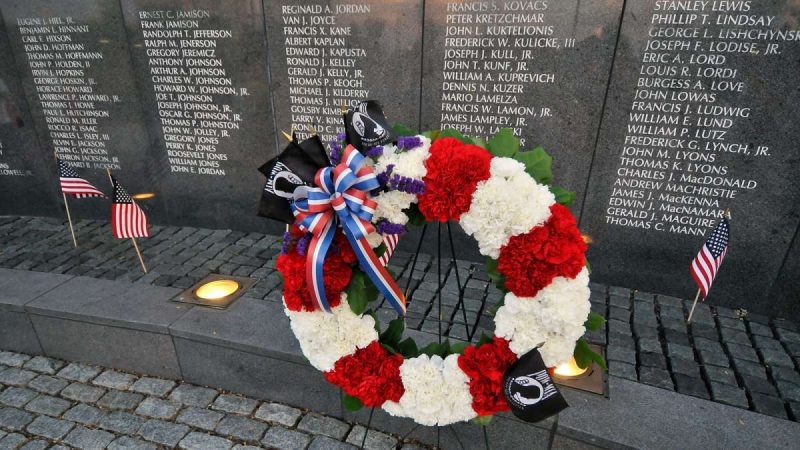 A wreath is laid at the Philadelphia Vietnam Veterans Memorial during a ceremony marking the monument's 30th anniversary.