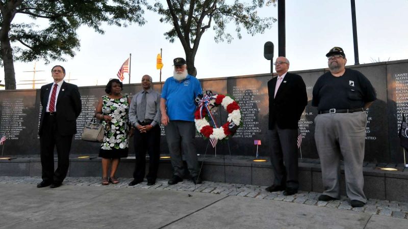 A wreath is laid at the Philadelphia Vietnam Veterans Memorial.