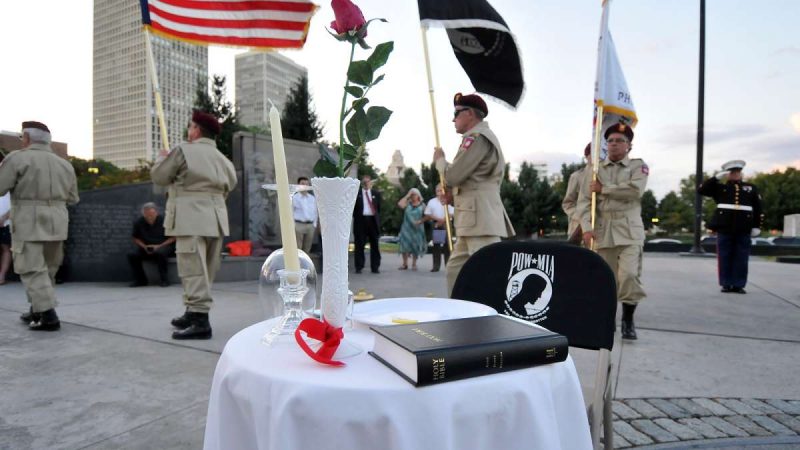 An empty chair is symbolically placed, concluding a ''Missing Man'' ceremony performed by members of the Philadelphia Vietnam Veterans Memorial Society, at the memorial on Friday.