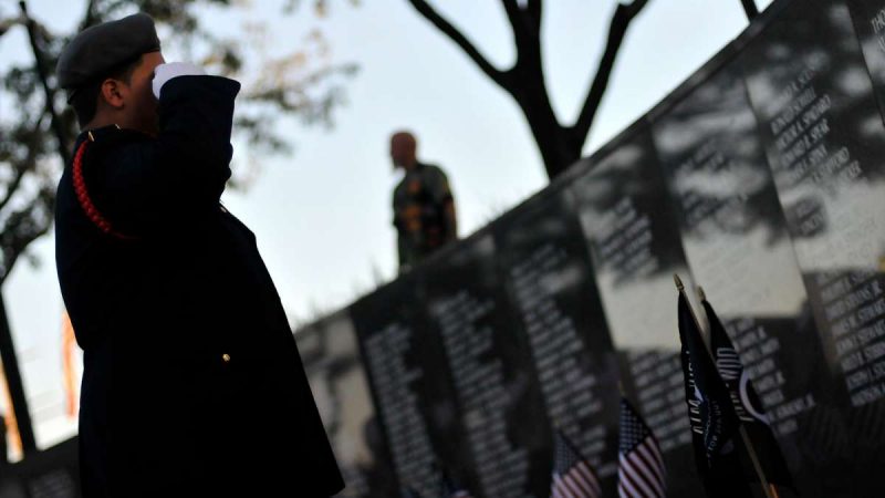 Soldiers missing in action are saluted during a ceremony at the Vietnam Veterans Memorial in Philadelphia Friday.