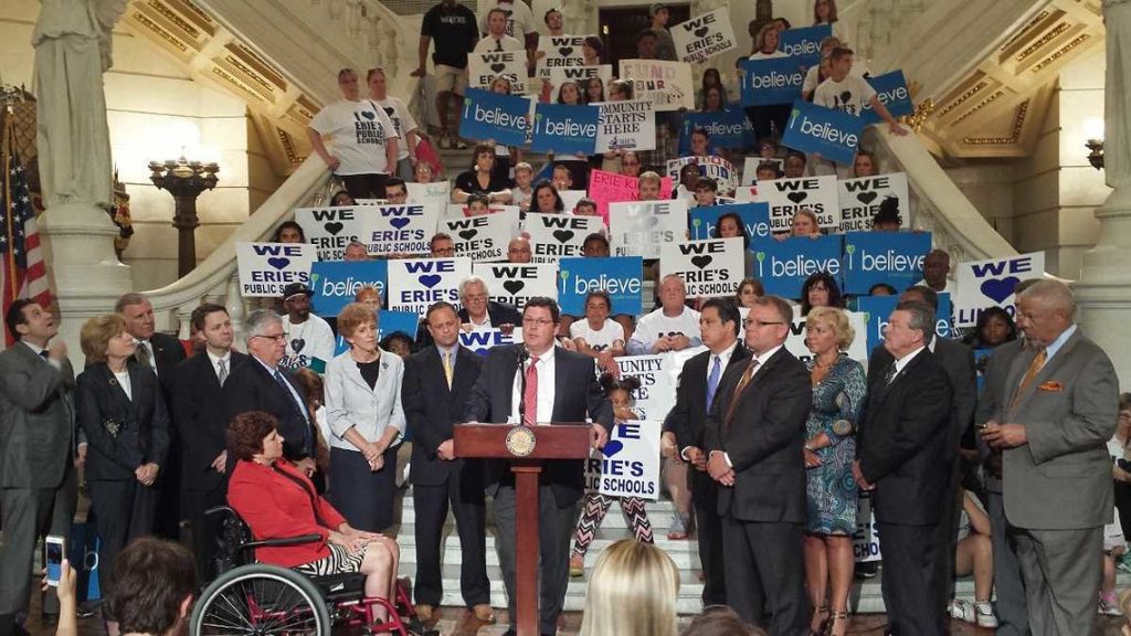 4235878623146142-erie-photo-full Erie public school advocates rally in the state capitol in 2016 when Jay Badams (center) was superintendent. (Kevin McCorry/WHYY)