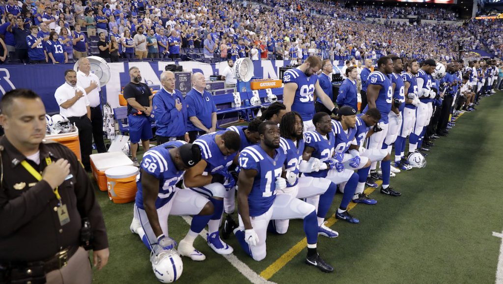 Browns Colts Football Members of the Indianapolis Colts take a knee during the Nation Anthem before an NFL football game against the Cleveland Browns in Indianapolis, Sunday, Sept. 24, 2017. (AP Photo/Darron Cummings)