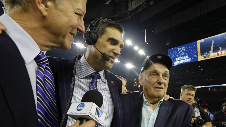  Villanova head coach Jay Wright, center, celebrates with 1985 Villanova coach Rollie Massimino, right, after the NCAA Final Four tournament college basketball championship game against North Carolina last year. Massimino, who led Villanova to the NCAA title in 1985, died Wednesday at 82. (AP Photo/David J. Phillip) 