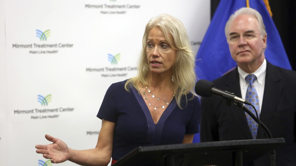 apconwayx1200 Counselor to the President Kellyanne Conway speaks as Health and Human Services Secretary Tom Price looks on, at the Mirmont Treatment Center Friday Sept.15, 2017, in Media, Pa. Conway and Price toured the center for drug and alcohol addiction recovery and discussed the opiod crisis. (Jacqueline Larma/AP Photo)