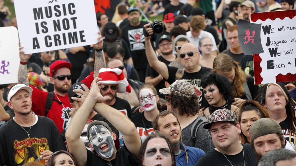 apjuggalosx1200 So-called juggalos, supporters of the rap group Insane Clown Posse, gather in front of the Lincoln Memorial in Washington during a rally, Saturday, Sept. 16, 2017. (Pablo Martinez Monsivais/AP Photo)