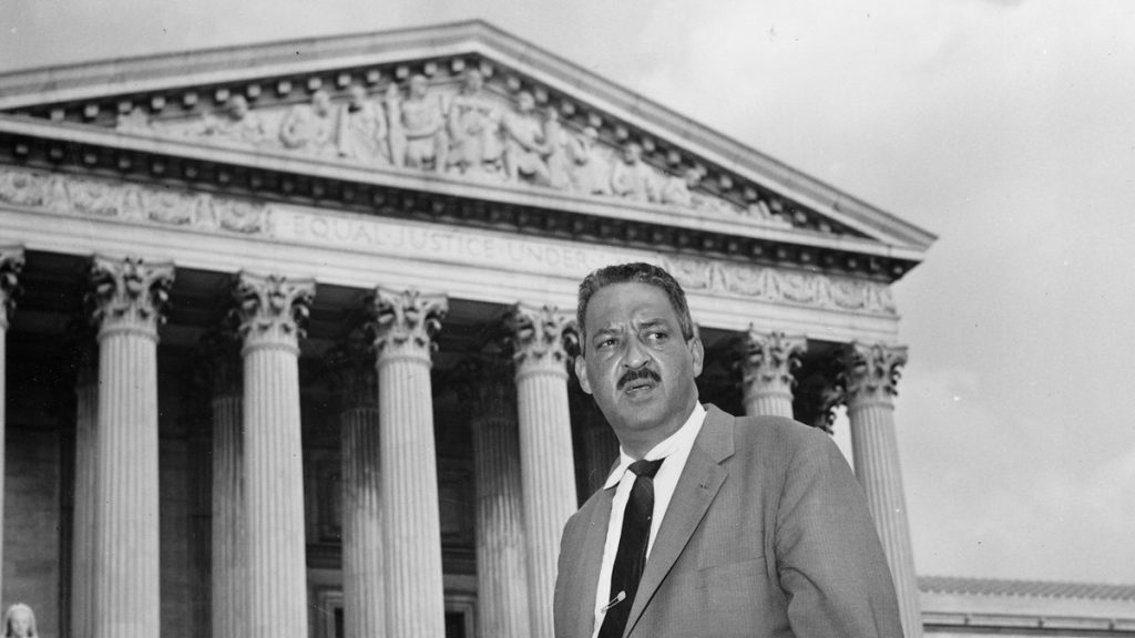 apthurgoodmarshallx1200 This Aug. 22, 1958 file photo shows Thurgood Marshall outside the Supreme Court in Washington. Marshall, the head of the NAACP's legal arm who argued part of the case, went on to become the Supreme Court's first African-American justice in 1967. (AP Photo, File)
