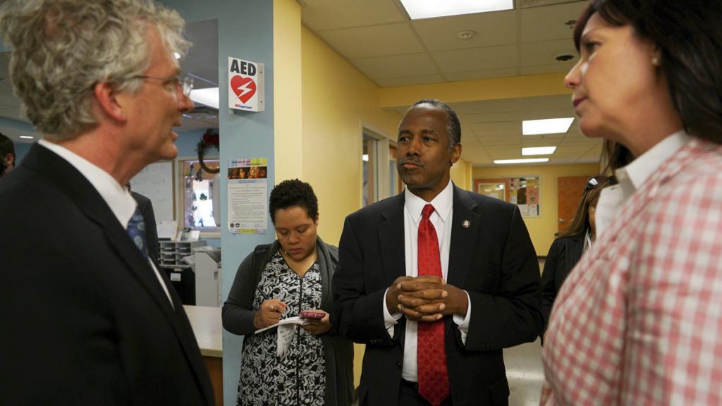 ben-carson_1200x675-2 Ben Carson, secretary of Housing and Urban Development, is shown speaking with city and housing officials at a shelter in Columbus, Ohio, in April. (AP Photo/Dake Kang, file)