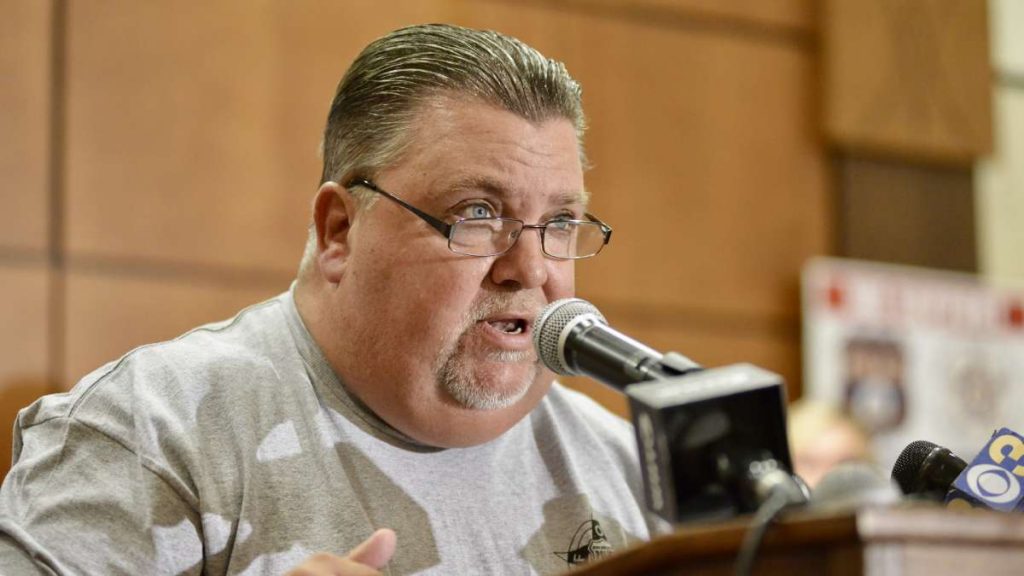 bs1327_20170831_1851475380 Fraternal Order of Police Lodge 5 President John McNesby is sh9own speaking at a Back the Blue rally at the FOP lodge in Northeast Philadelphia on Aug. 31. (Bastiaan Slabbers for NewsWorks)