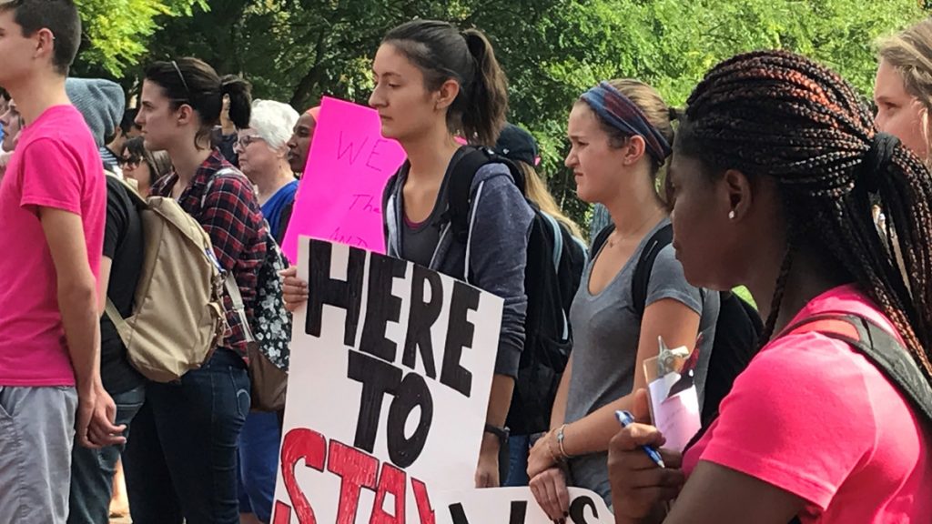 daca-1200 Dozens of University of Delaware students rally to show their support for those in danger of losing their DACA protections. (Nichelle Polston/WHYY)