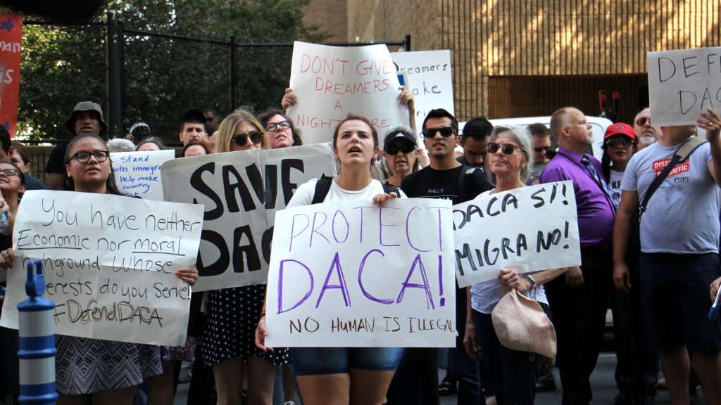 daca-lead Protesters march in Philadelphia to demand protection for immigrants who arrived in the U.S. illegally as children and have been given a path to citizenship through DACA (Deferred Action for Childhood Arrivals). (Emma Lee/WHYY)