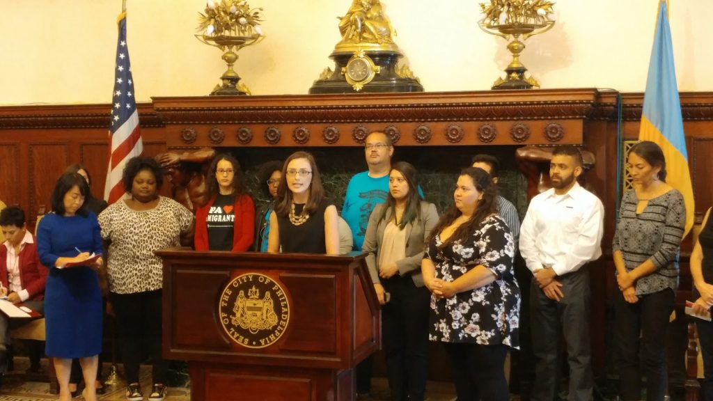 daca-presser Dreamers join with Philadelphia and federal officials at announcement of DACA dreamer fund. (Tom MacDonald/WHYY)