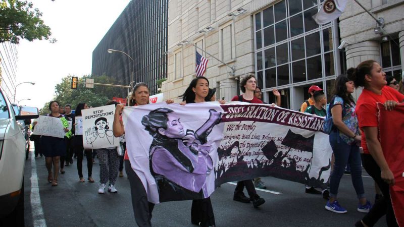 Philadelphia City Councilwoman Helen Gym marches with protesters in support of DACA (Deferred Action for Childhood Arrivals). The Trump administration announced plans to end the program that gives immigrants who arrived illegally in the United States as children a chance to stay.