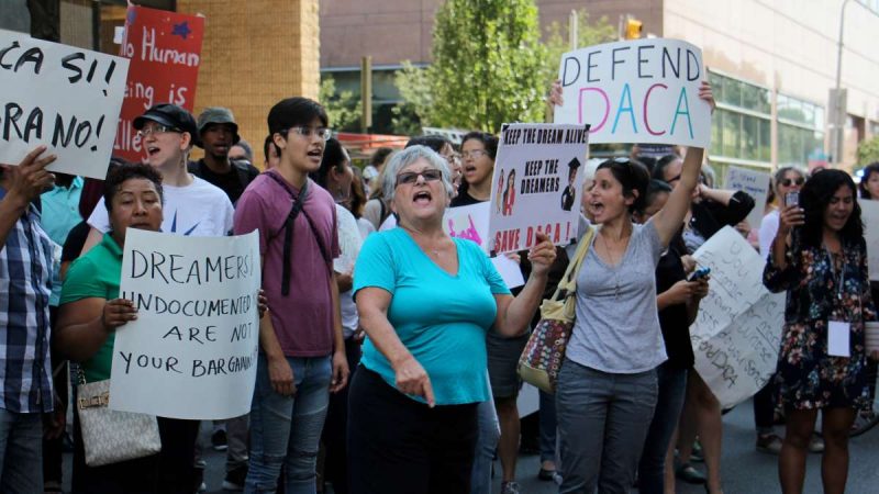 Terry Baraldi of Landsdowne (center) and Alison Fraser of Jenkintown (center right) join activists an members of the immigrant community in support of DACA (Deferred Action for Childhood Arrivals).