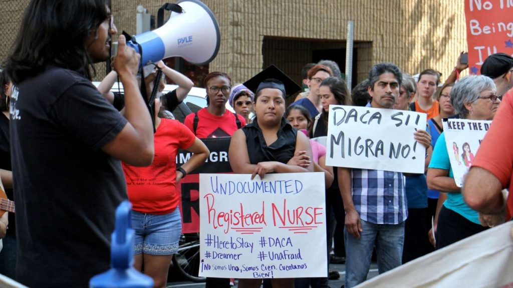 daca_20170905_1754423765 Anel Medina, a registered nurse who graduated from Delaware County Community College, joins a rally in support of DACA.