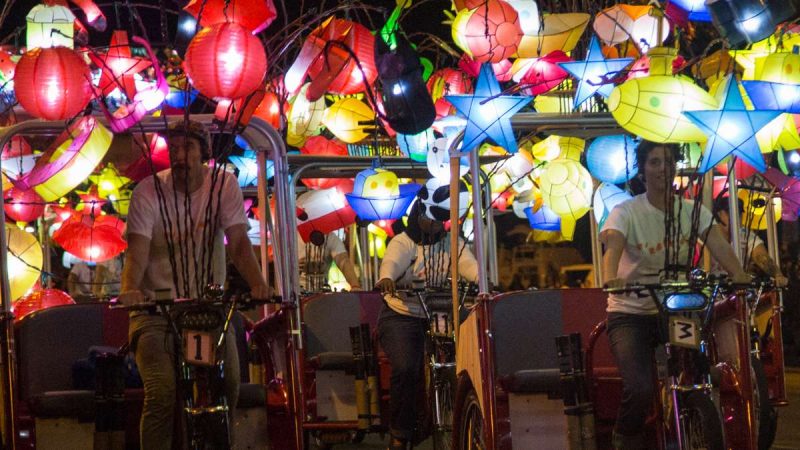 The 27 pedicabs make up the art installation ''Fireflies'' by Chinese artist Cai Guo-Qiang. (Emily Cohen for NewsWorks)