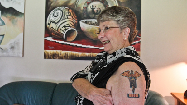 Grace Moore at her home in Doylestown, Bucks County where she is active in the local chapter of Vietnam Veterans of America.