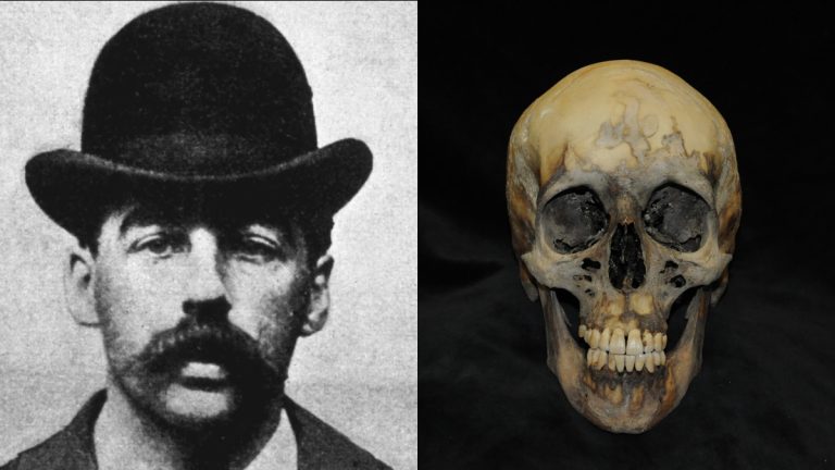  Serial killer H. H. Holmes is depicted in an 1895 photo beside the skull exhumed from his grave at Holy Cross Cemetery in Yeadon. (Wikimedia Commons and Penn Museum) 