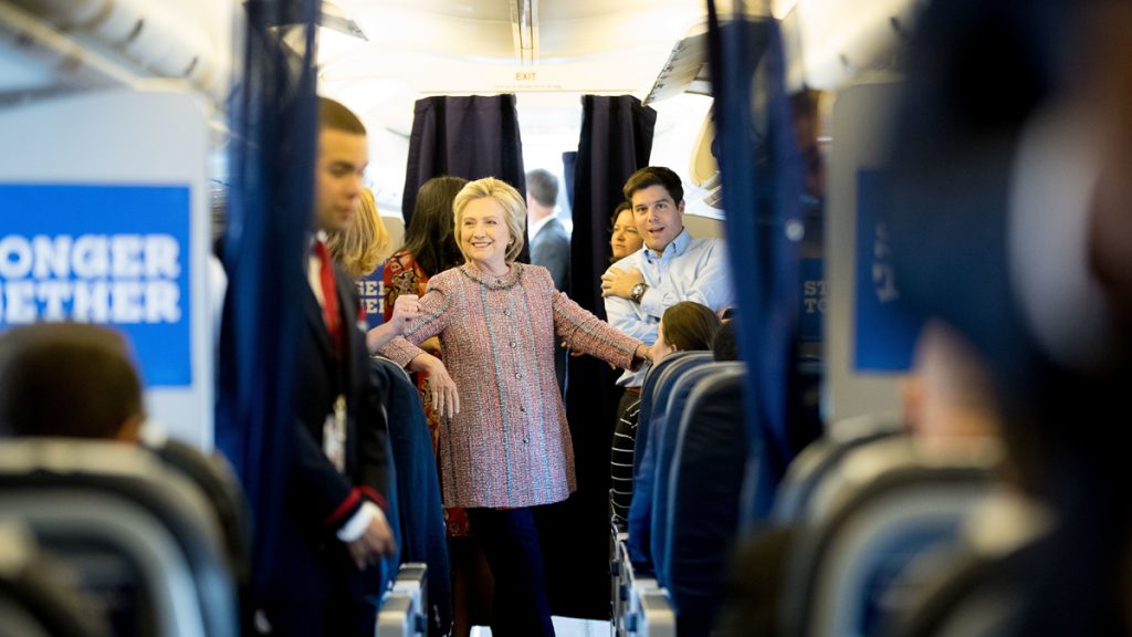 hillary-clinton_1200x675-9 Democratic presidential candidate Hillary Clinton is shown speaking to aides on her campaign plane, in White Plains, N.Y., Thursday, Sept. 15, 2016. (AP Photo/Andrew Harnik, file)