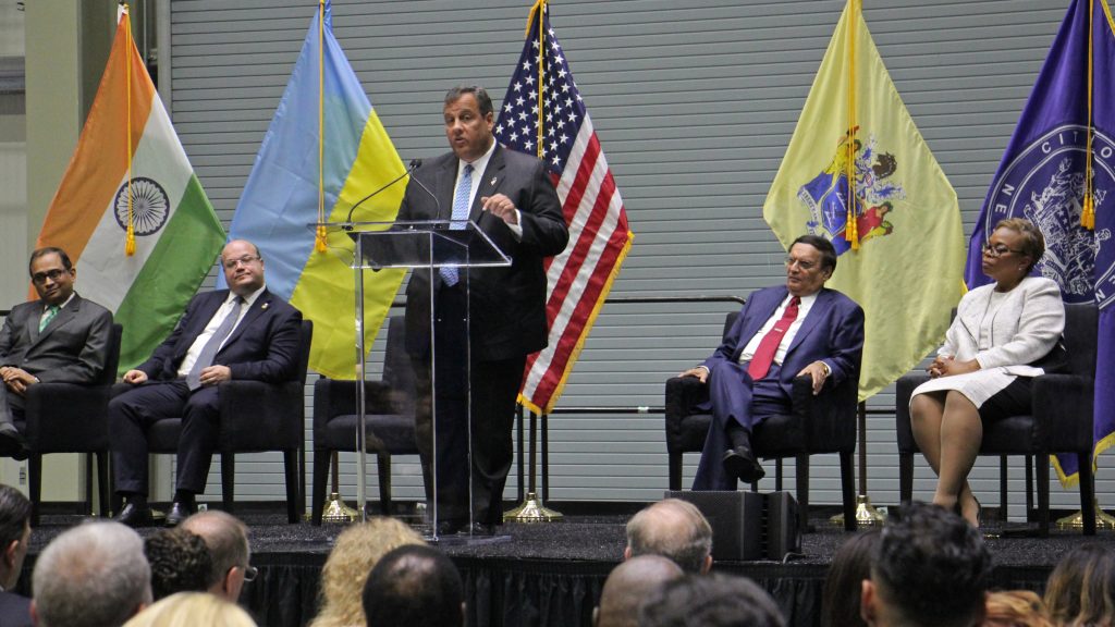 holtec-1 New Jersey Gov. Chris Christie speaks at the ribbon-cutting ceremony for Holtec International in Camden. The plant for manufacturing nuclear waste storage containers and small nuclear reactors was lured to the Camden waterfront by $260 million in tax breaks. (Emma Lee/WHYY)