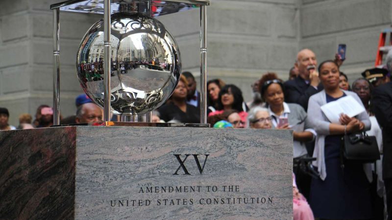 A portion of the Octavius Catto monument commemorates the Fifteenth Amendement to the U.S. Constitution, signified with a shiny, silver orb