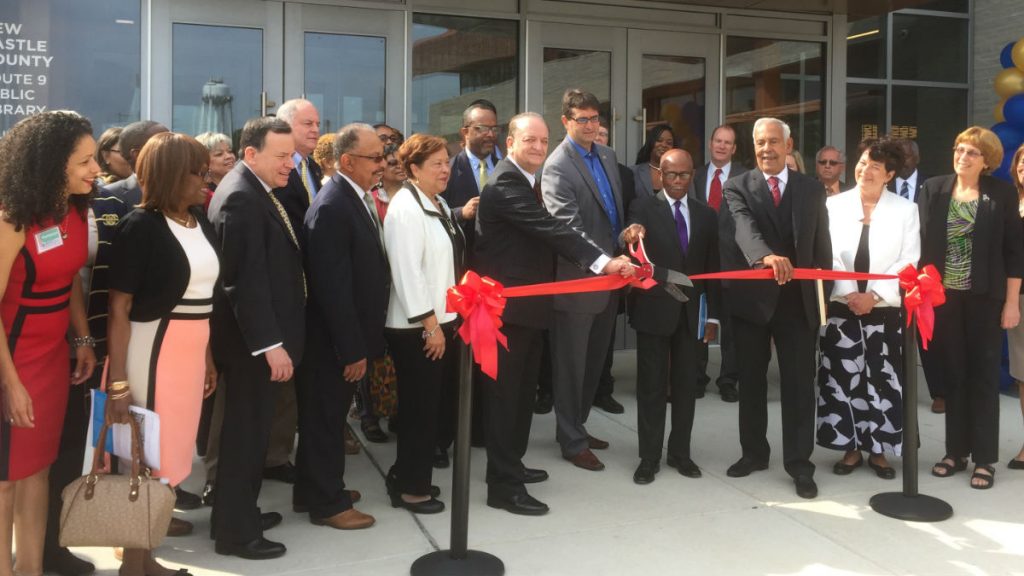 library-169 Current and former city, county and state leaders joined in a ribbon cutting ceremony for the Route 9 Library and Innovation Center (Zoë Read/WHYY)