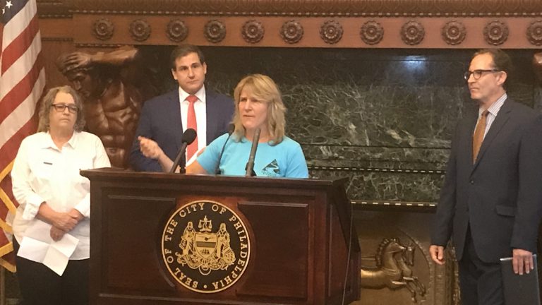  Maya van Rossum of the Delaware Riverkeeper Network pushed for an expanded anti-Slapp law at Philadelphia City Hall. Her nonprofit has faced two such lawsuits in recent years, which she says have been aimed at silencing the group's activism. (Bobby Allyn/WHYY) 