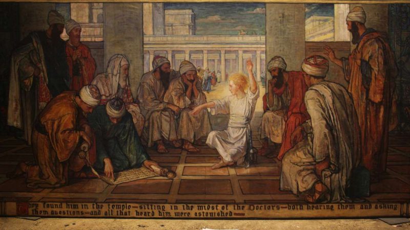 Violet Oakley's mural depicting young Jesus teaching in the temple was commissioned to inspire the students at Chestnut Hill Academy. (Emma Lee/WHYY)