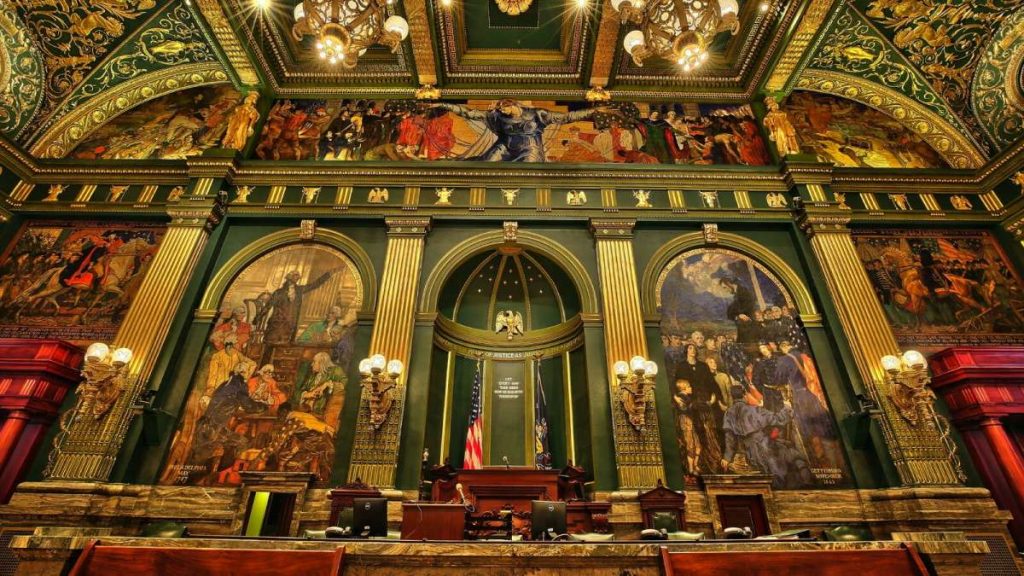 oakley_20170927_2084459144 Although they're a hundred miles away, the murals in the Senate Chamber of the Pennsylvania Capitol in Harrisburg are a significant part of the new Violet Oakley exhibit at the Woodmere Art Museum. (Woodmere Art Museum)