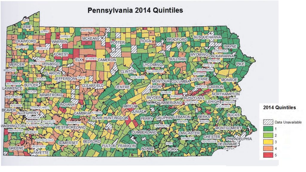 pa_distressed_cities_report_1200 The Pennsylvania Economy League ranked municipalities according to their tax base (high is good) and tax burden (low is good), then combined scores and used the resulting list to divide them into quintiles. Quintile 1 indicates a larger tax base and lower tax burden per household; 5 indicates the least tax base and most tax burden per household. (Source: Pennsylvania Economy League)