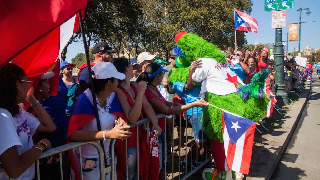 parade_20170924_1725587910 The Phillie Phanatic gives hugs on the Benjamin Franklin Parkway during the 2017 Puerto Rican Day Parade.