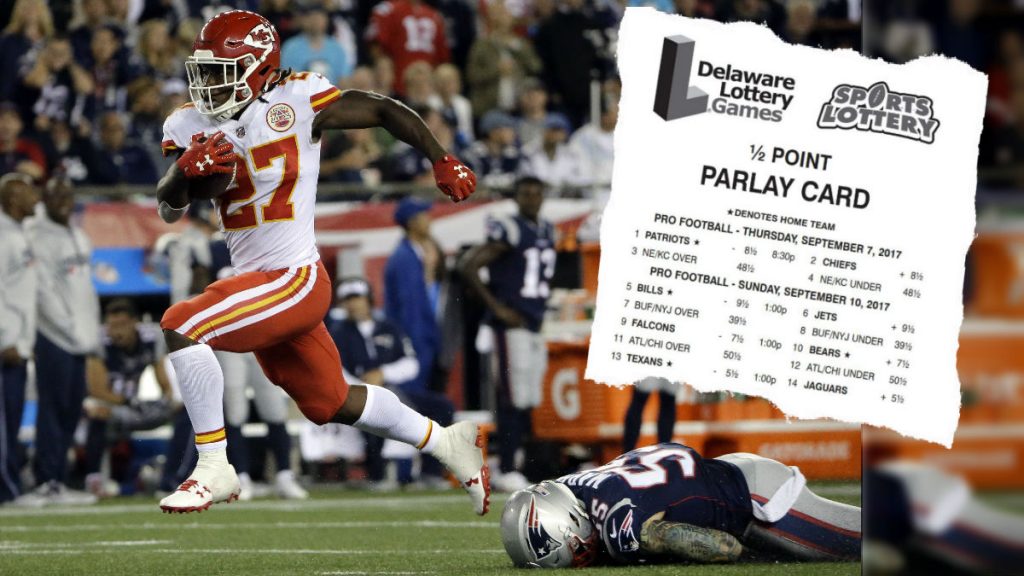 parlay-169 Kansas City Chiefs running back Kareem Hunt (27) eludes New England Patriots defensive end Cassius Marsh (55) as he runs for a touchdown after catching a pass from Alex Smith during the second half of an NFL football game, Thursday, Sept. 7, 2017, in Foxborough, Mass. (AP Photo/Steven Senne; Parlay card inset photo via DoverDowns/Delaware Lottery)